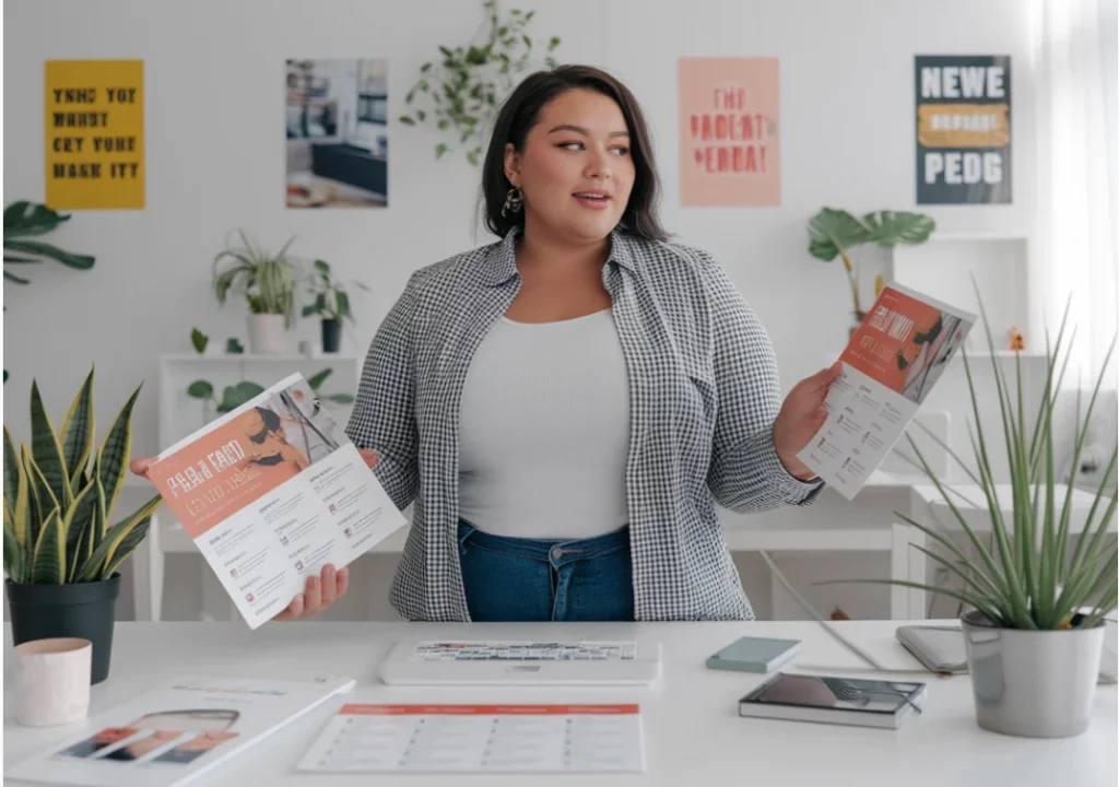 woman holding a brochure showcasing a product from a landing page, using landing page development services.