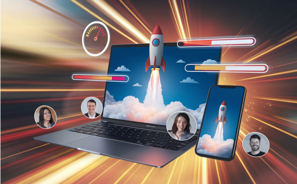 Fast-loading website represented by a rocket launching from a laptop and progress bars