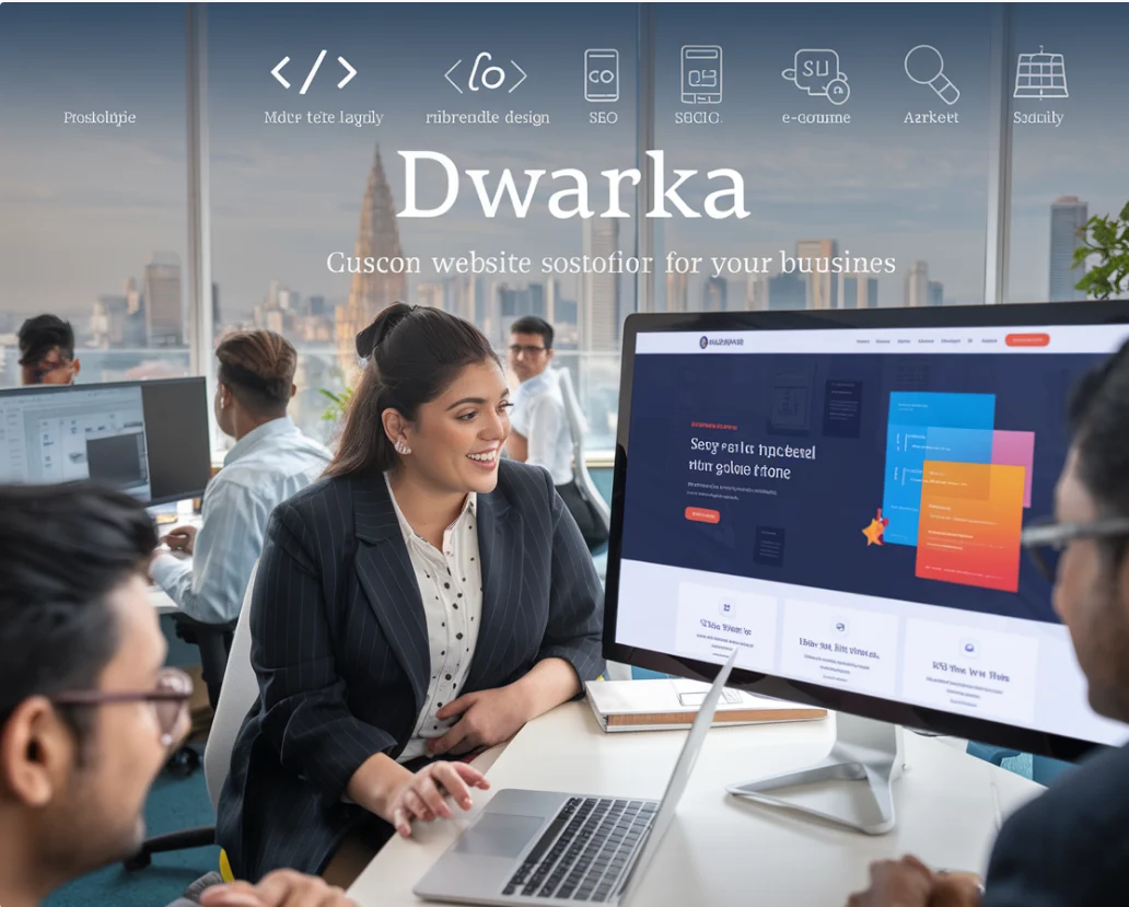 "Team of developers collaborating with a confident Indian woman, designing a website in a modern office. Skyline of Dwarka in the background. Services include coding, SEO, and e-commerce."