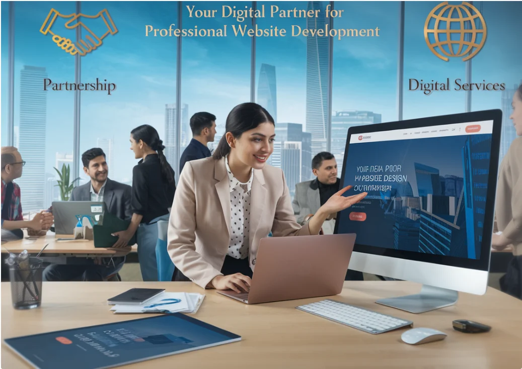 Website Development Company in Karol Bagh – A beautiful, attentive Indian girl discussing website design with a developer in a modern office. Icons for partnership and digital services included.