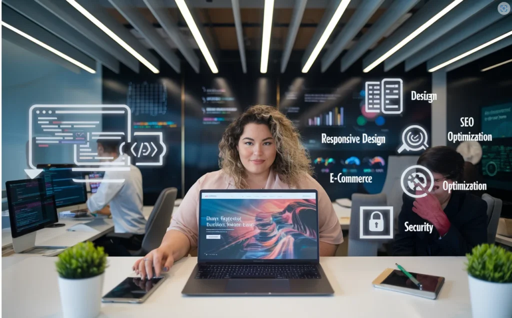 woman working on a laptop, showcasing website design and development services with elements like coding, SEO analysis, and responsive design.